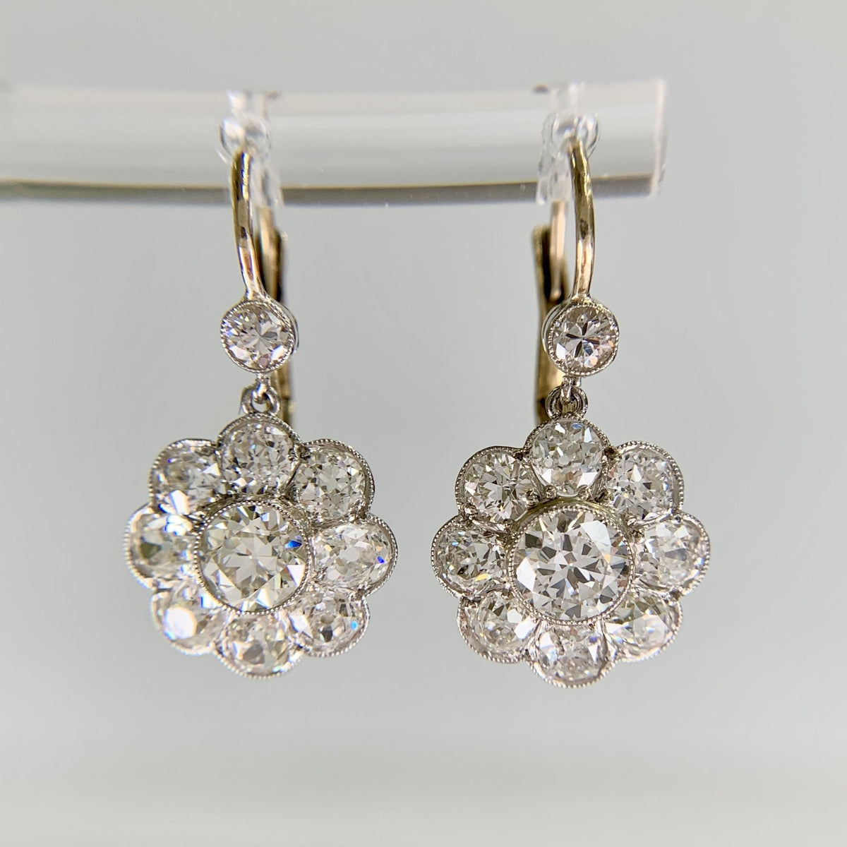 Vintage Old Mine and Old European Cut Diamond Flower Dangle Earrings 18k/Plat