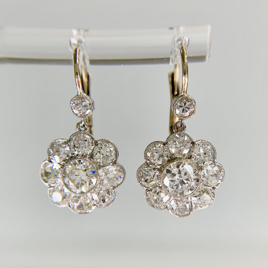 Vintage Old Mine and Old European Cut Diamond Flower Dangle Earrings 18k/Plat