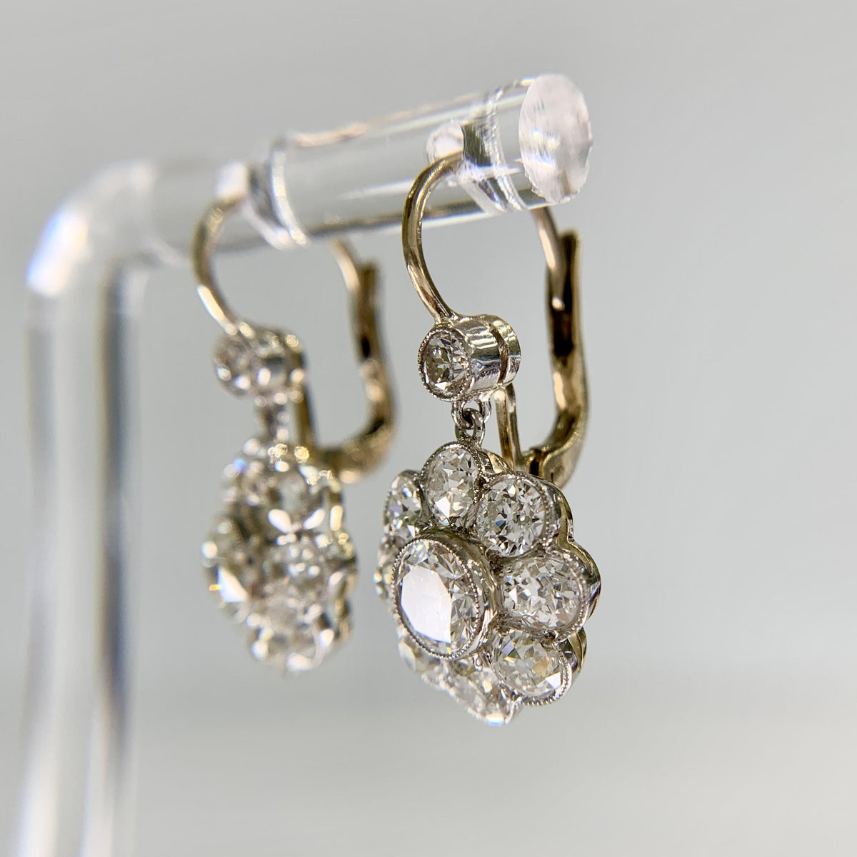 Vintage Old Mine and Old European Cut Diamond Flower Dangle Earrings 18k/Plat