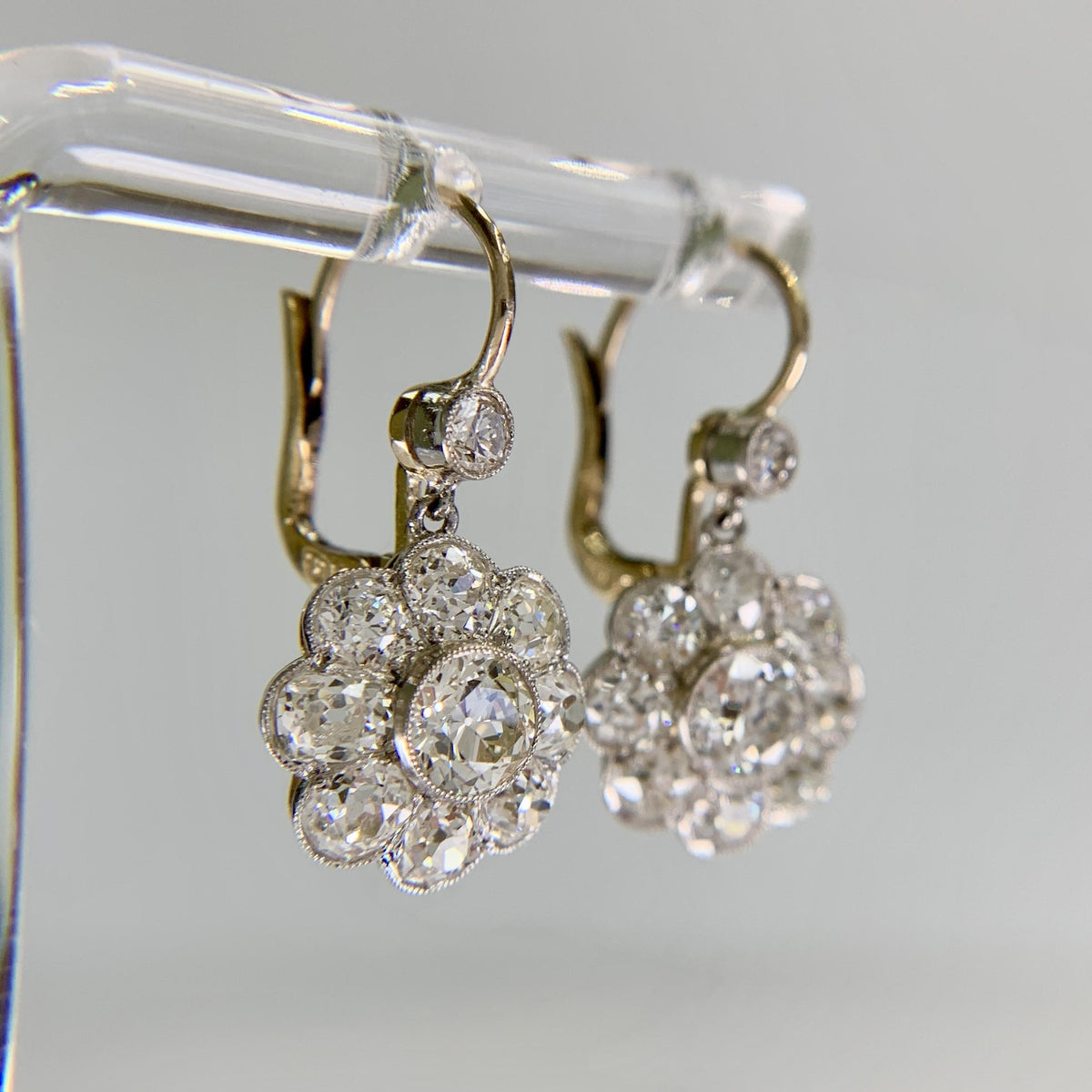 Vintage Old Mine and Old European Cut Diamond Flower Dangle Earrings 18k/Plat