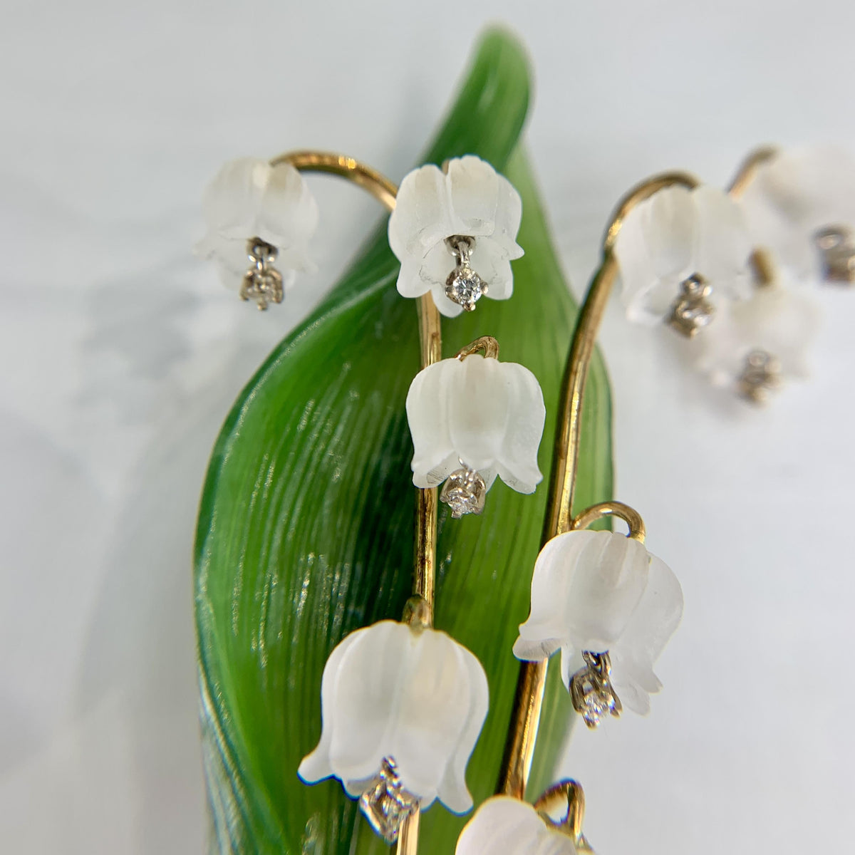 1960's Jul. Hugler Lily of the Valley Jade & Rock Crystal Diamond Brooch 18k
