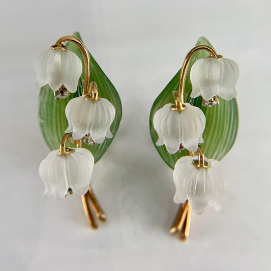 1960's Jul. Hugler Lily of the Valley Jade & Rock Crystal Diamond Earrings 18k