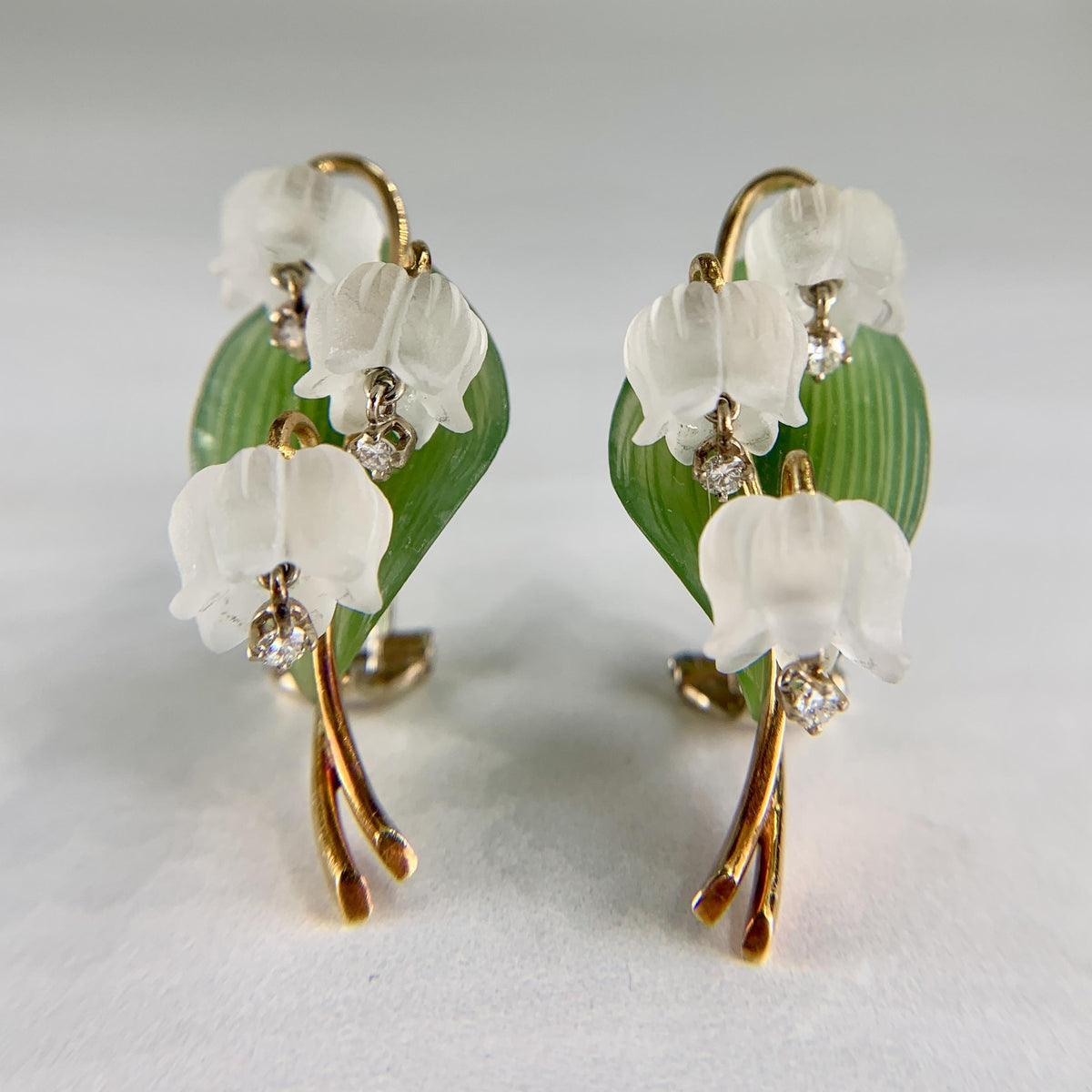 1960's Jul. Hugler Lily of the Valley Jade & Rock Crystal Diamond Earrings 18k