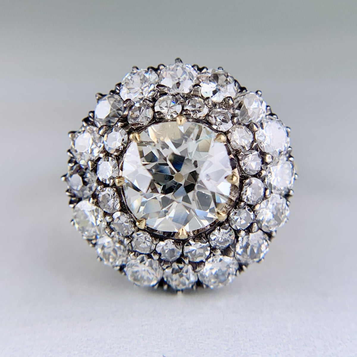 Vintage Old Mine Cut Double Halo Diamond Engagement Ring 18k/Silver