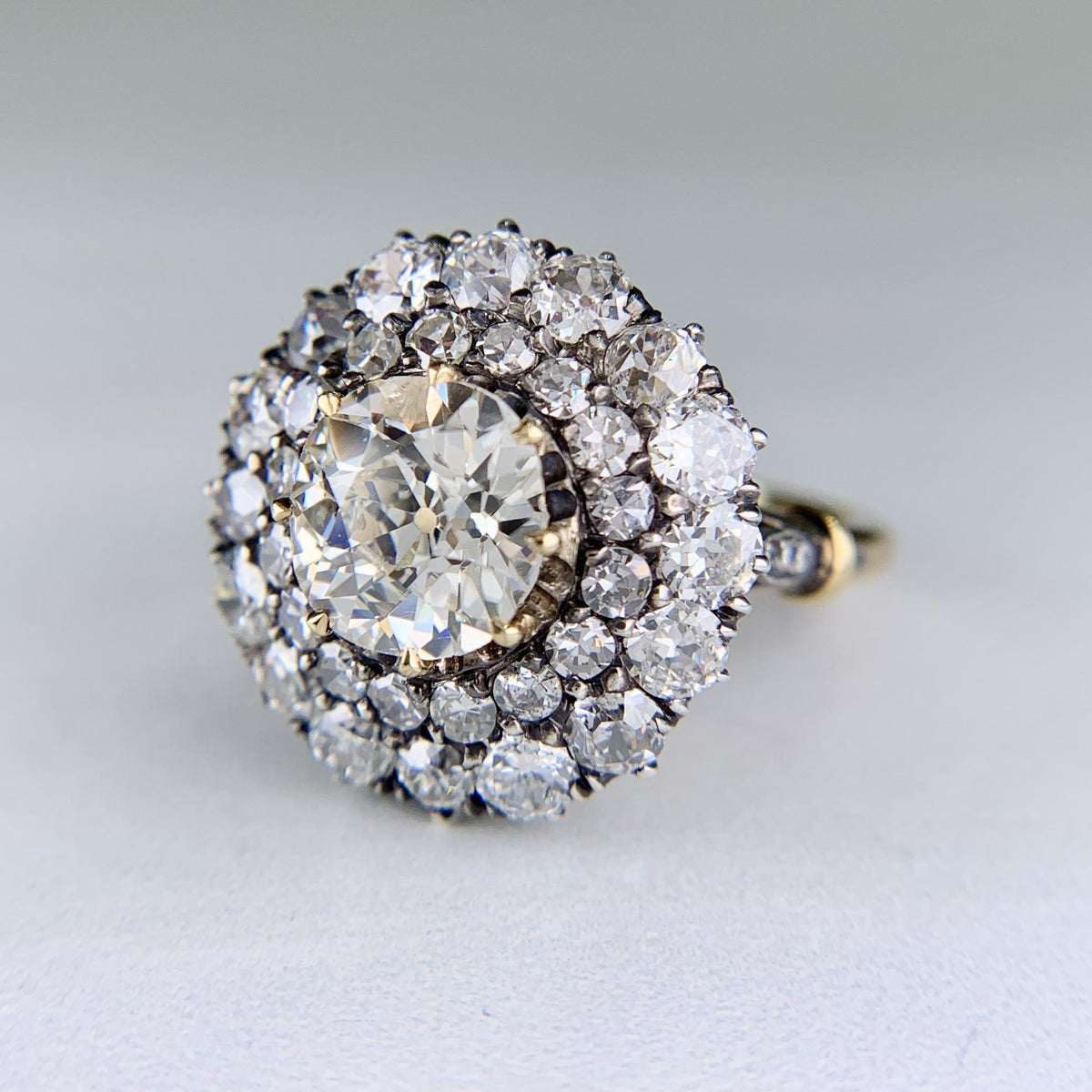 Vintage Old Mine Cut Double Halo Diamond Engagement Ring 18k/Silver