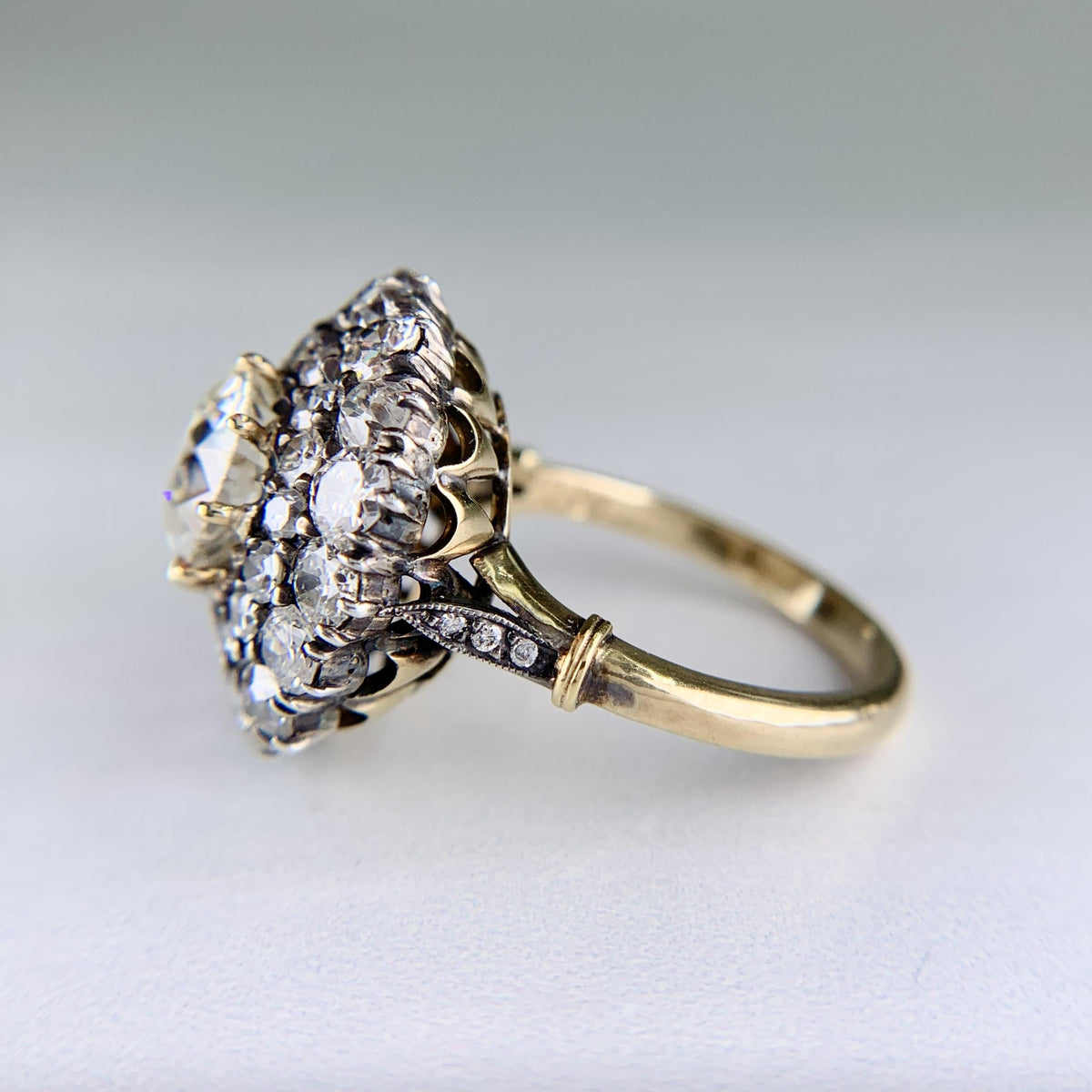 Vintage Old Mine Cut Double Halo Diamond Engagement Ring 18k/Silver
