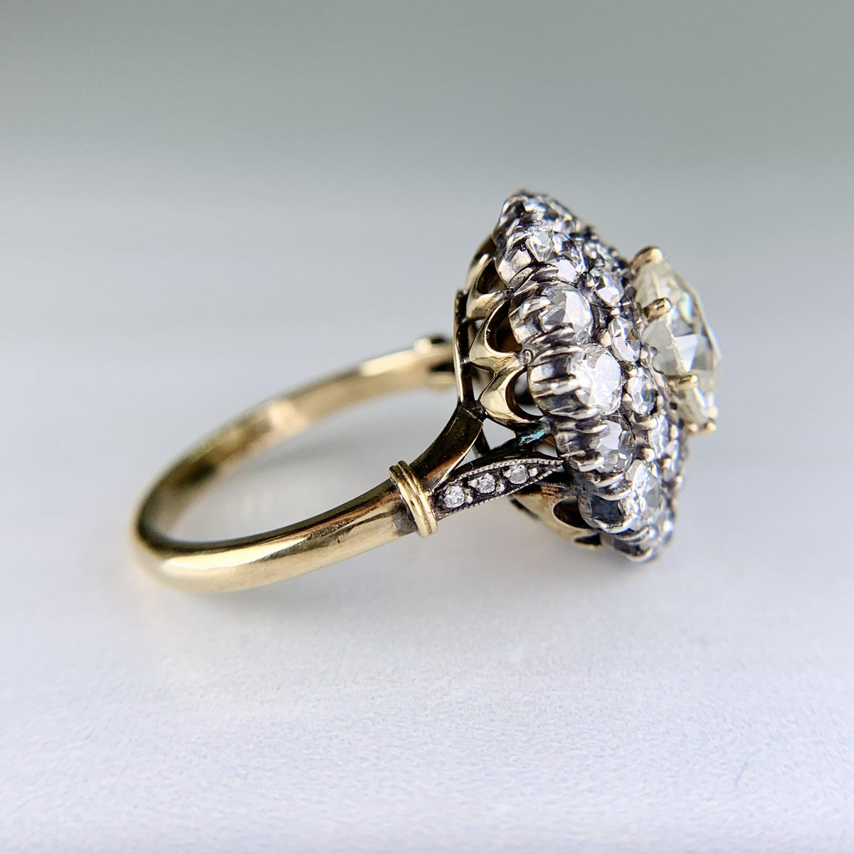 Vintage Old Mine Cut Double Halo Diamond Engagement Ring 18k/Silver