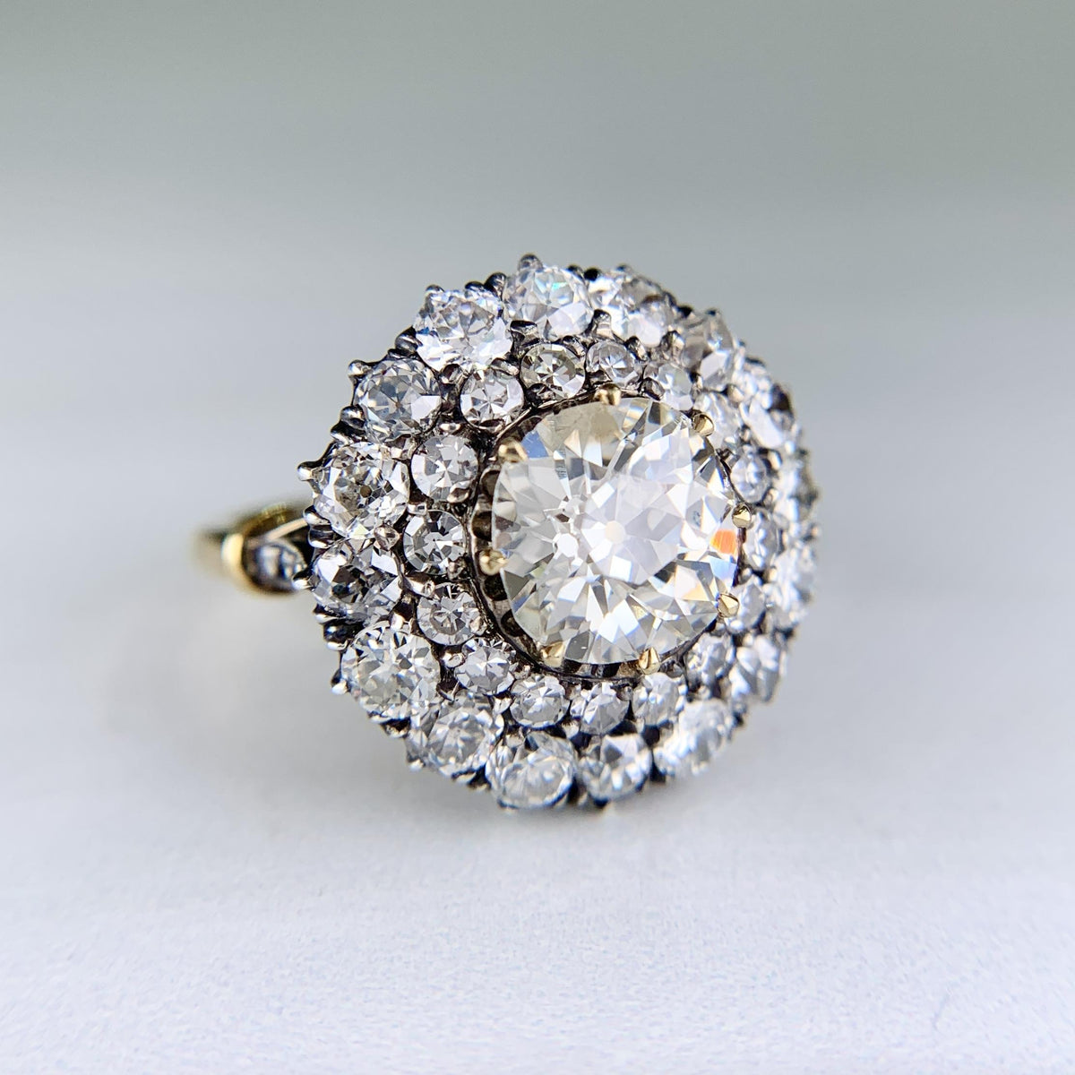 Vintage Old Mine Cut Double Halo Diamond Engagement Ring 18k/Silver