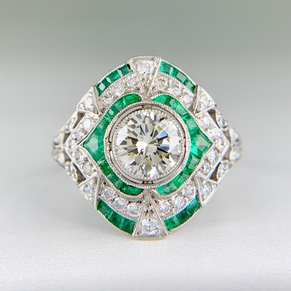 Estate Art Deco Style Emerald and Diamond Ring Platinum