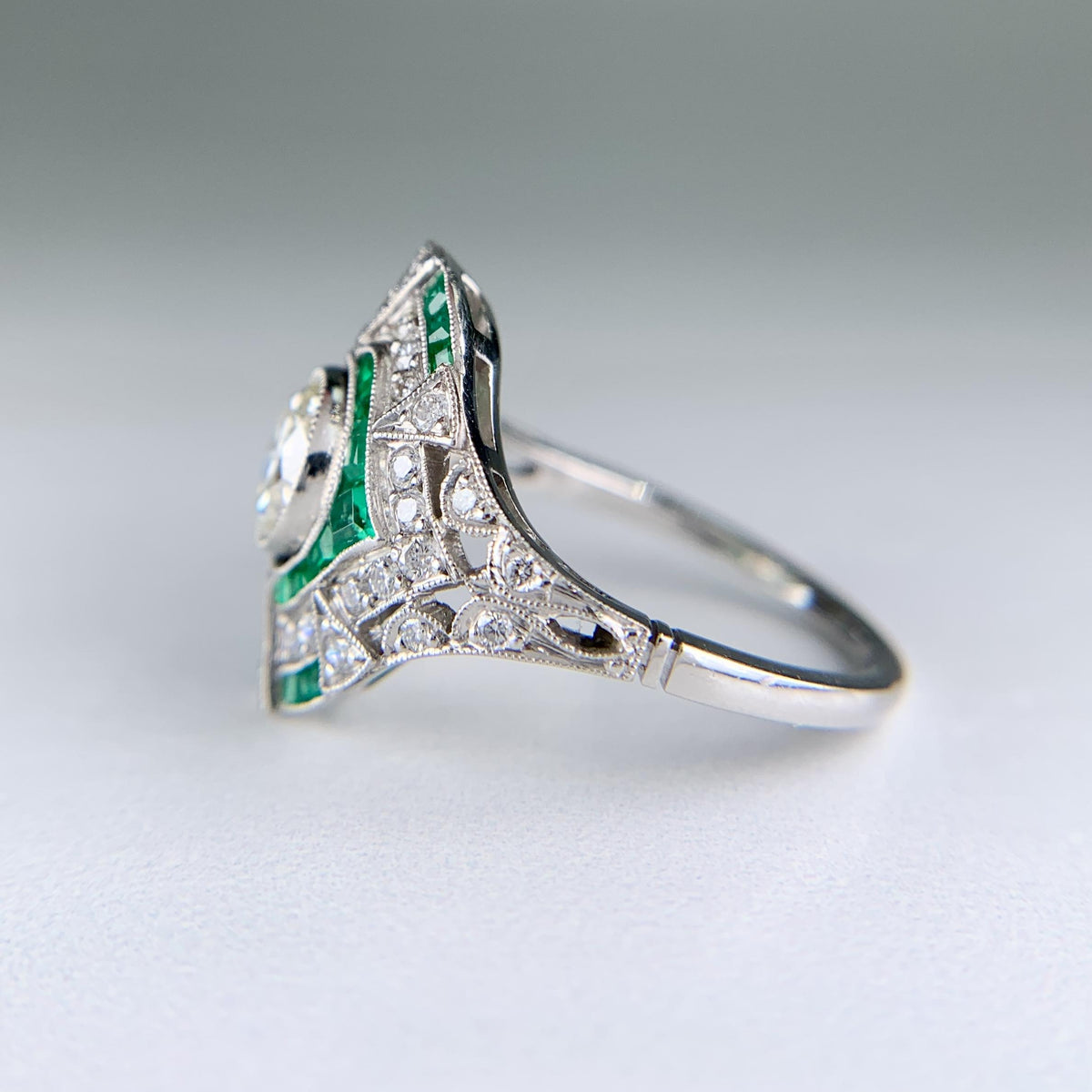Estate Art Deco Style Emerald and Diamond Ring Platinum