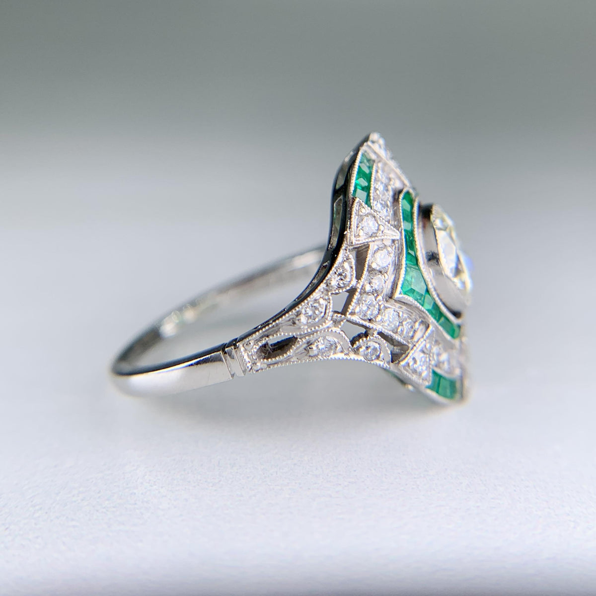 Estate Art Deco Style Emerald and Diamond Ring Platinum