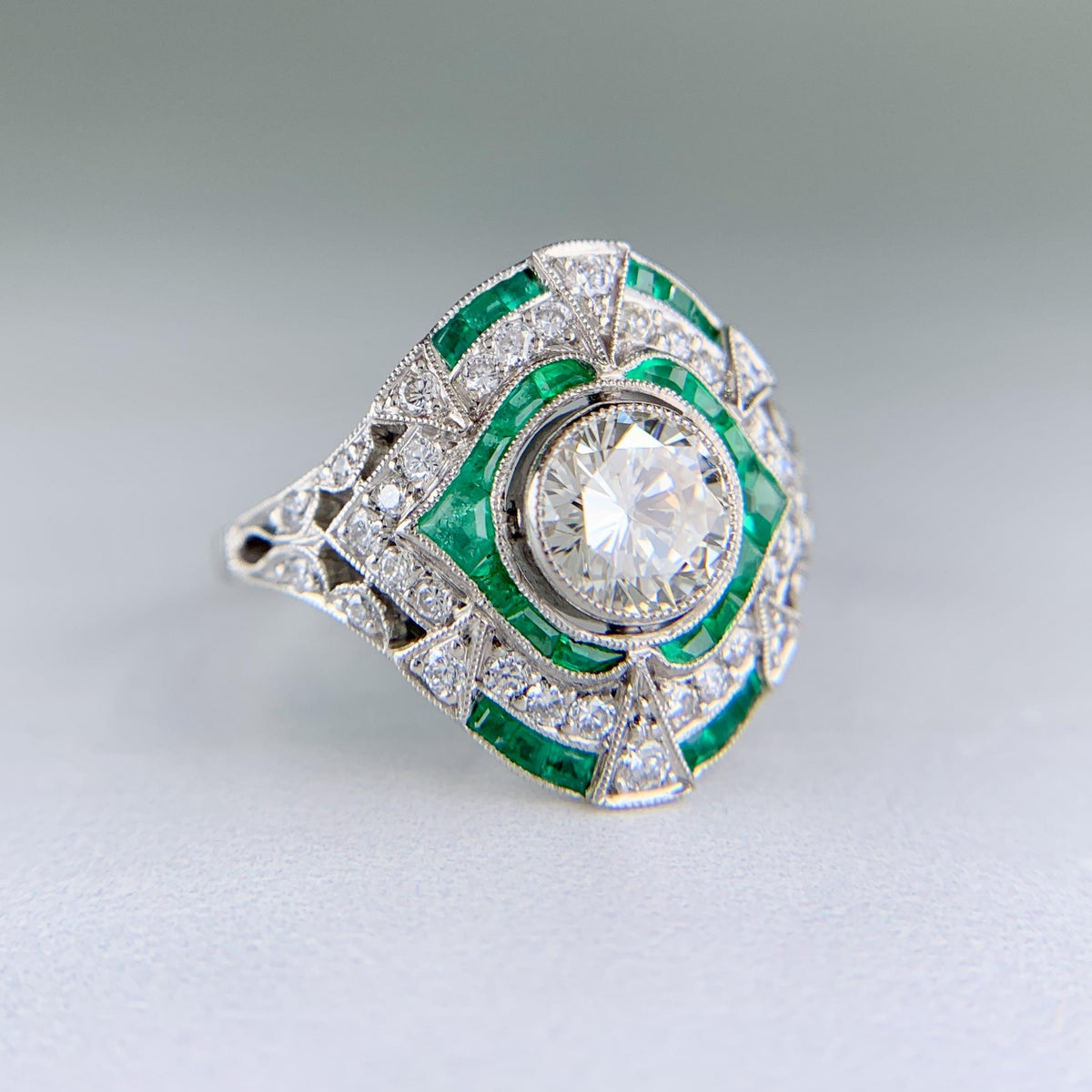 Estate Art Deco Style Emerald and Diamond Ring Platinum