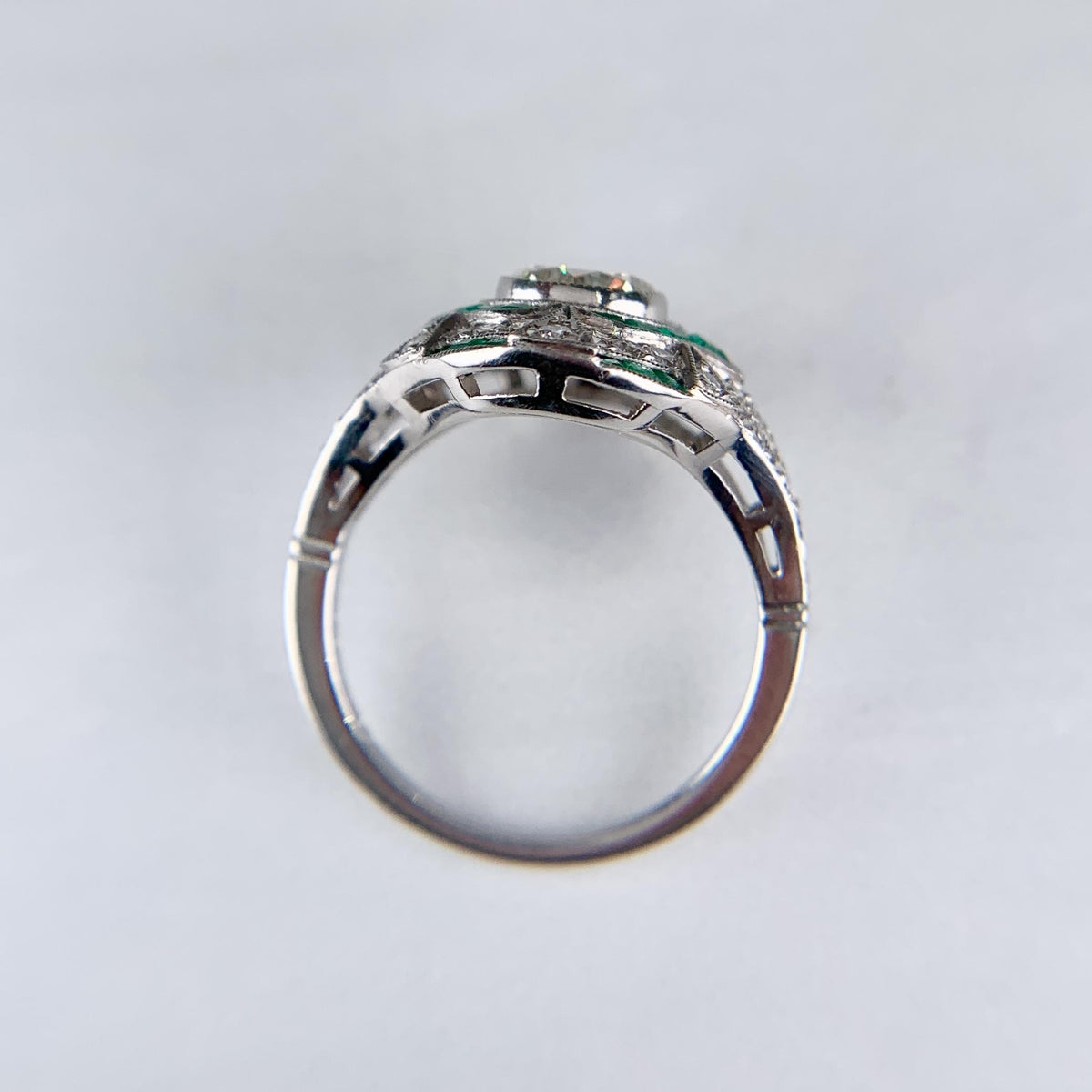 Estate Art Deco Style Emerald and Diamond Ring Platinum
