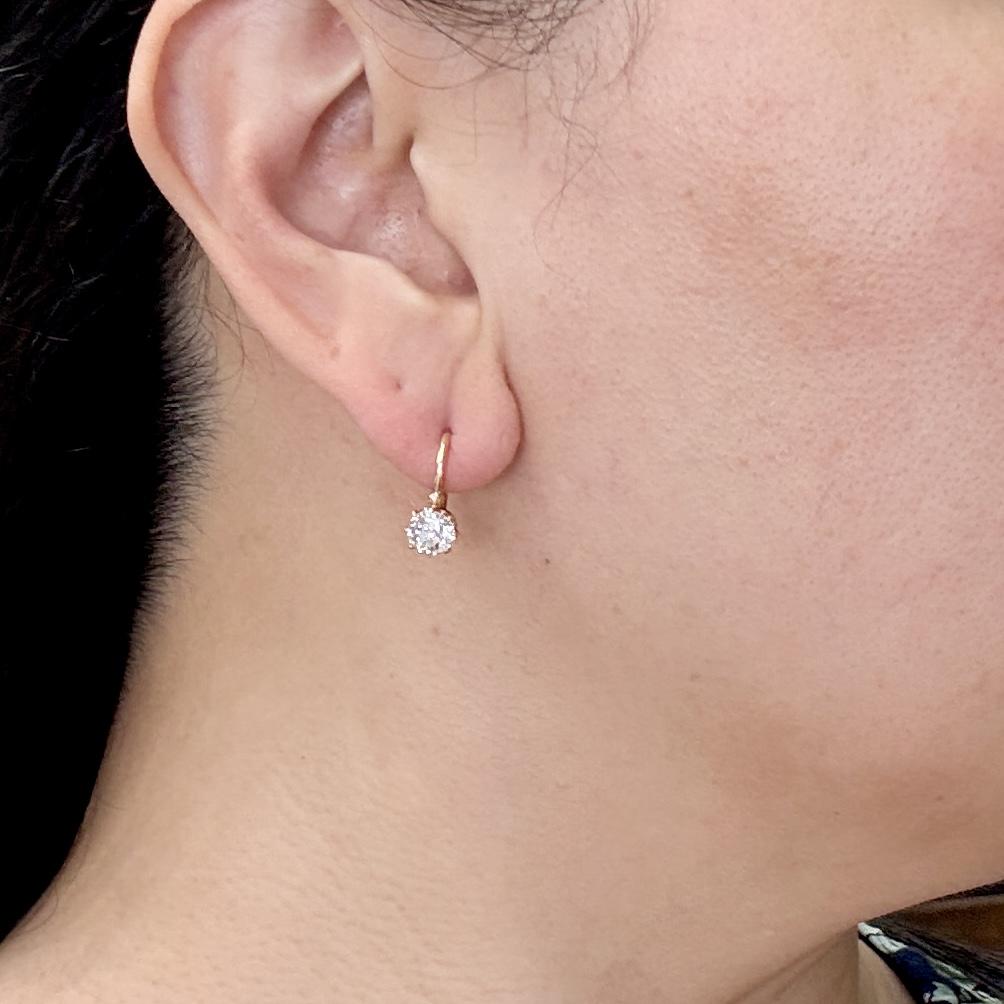 French Antique Old Mine Cut Diamond Drop Earrings 18k Yellow Gold
