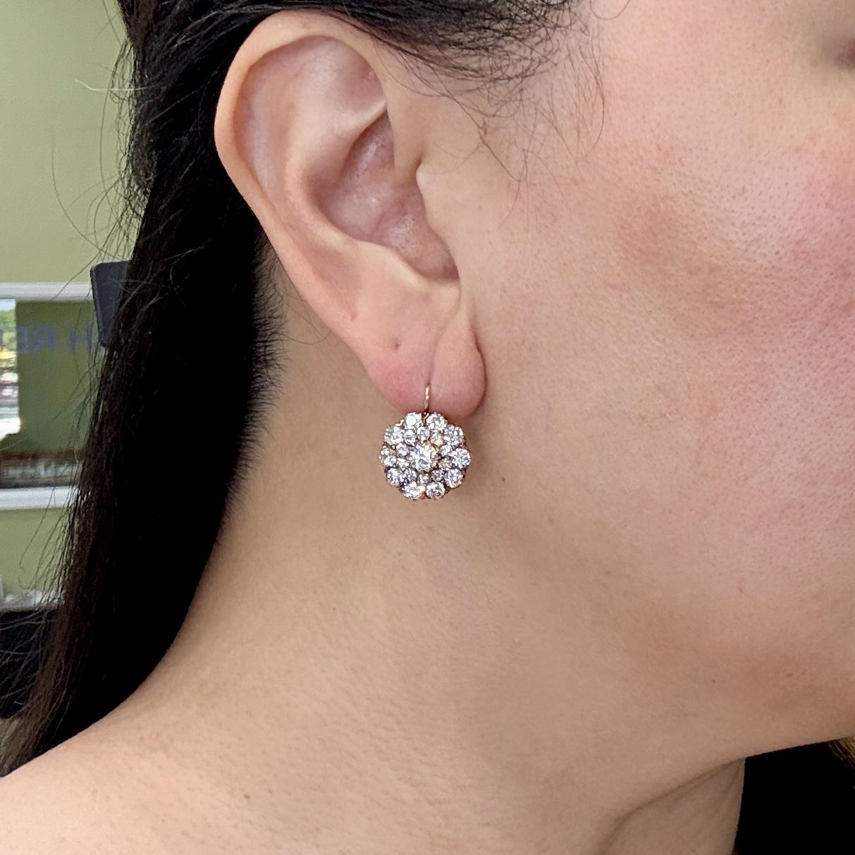 Vintage 5.71ctw Old Cut Diamond Drop Earrings 18k Yellow Gold
