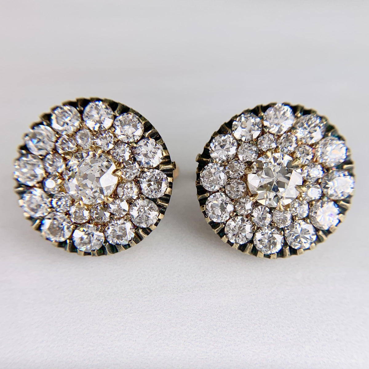Vintage Old Mine Diamond Cluster-Button Earrings 18k Yellow Gold