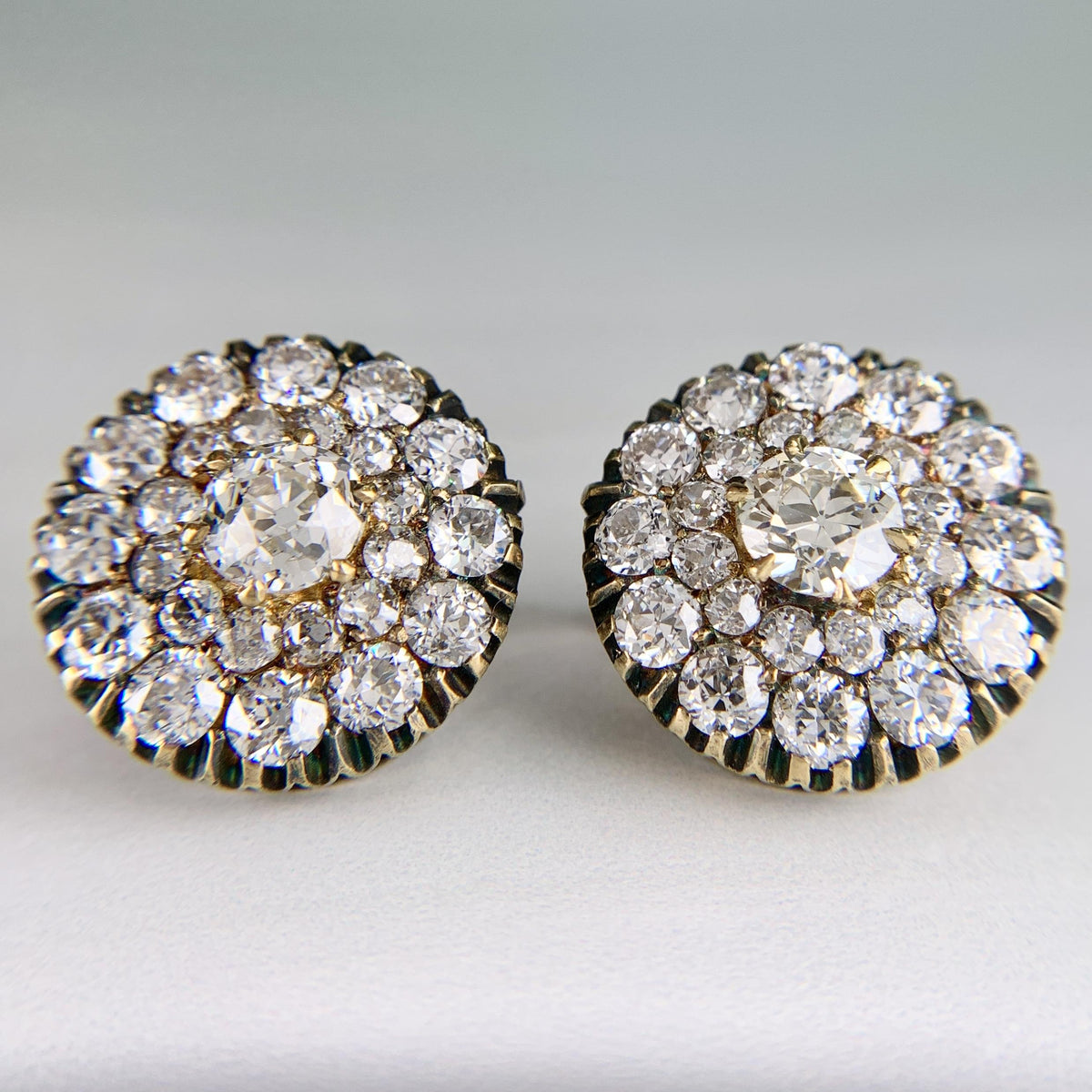 Vintage Old Mine Diamond Cluster-Button Earrings 18k Yellow Gold
