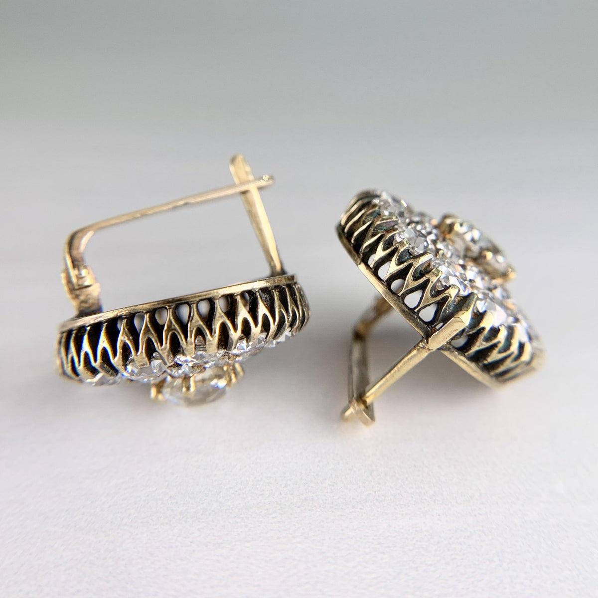 Vintage Old Mine Diamond Cluster-Button Earrings 18k Yellow Gold