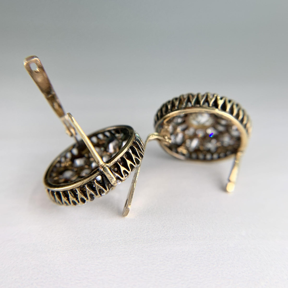 Vintage Old Mine Diamond Cluster-Button Earrings 18k Yellow Gold