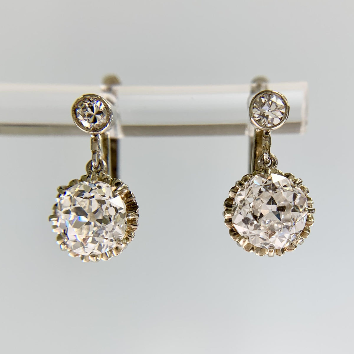 Antique 1920's Old Mine Cut Diamond Dangle Earrings 18k White Gold