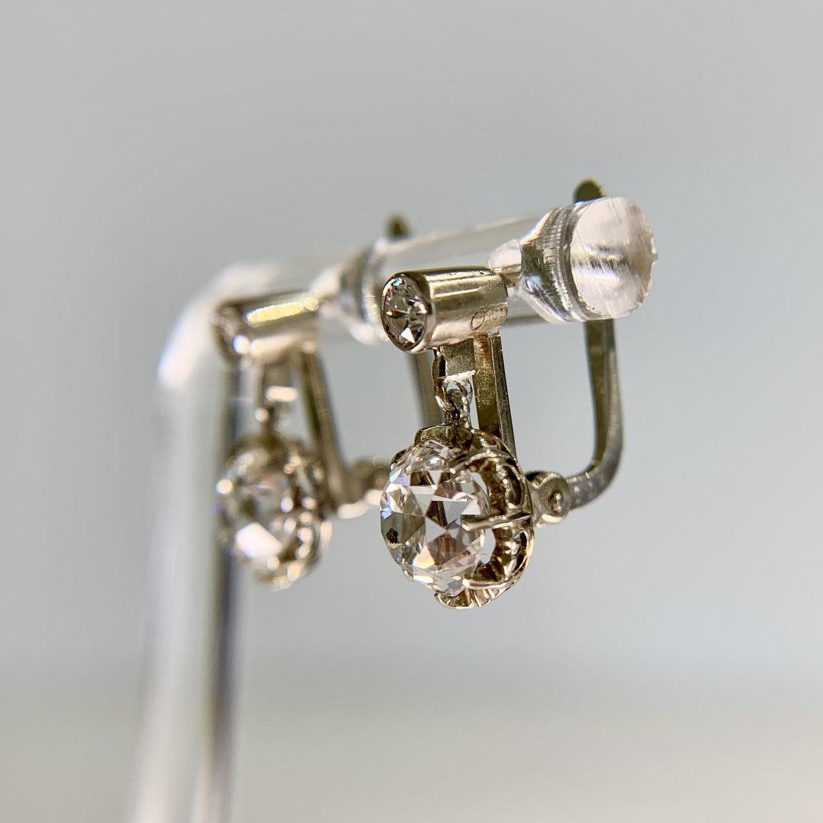 Antique 1920's Old Mine Cut Diamond Dangle Earrings 18k White Gold
