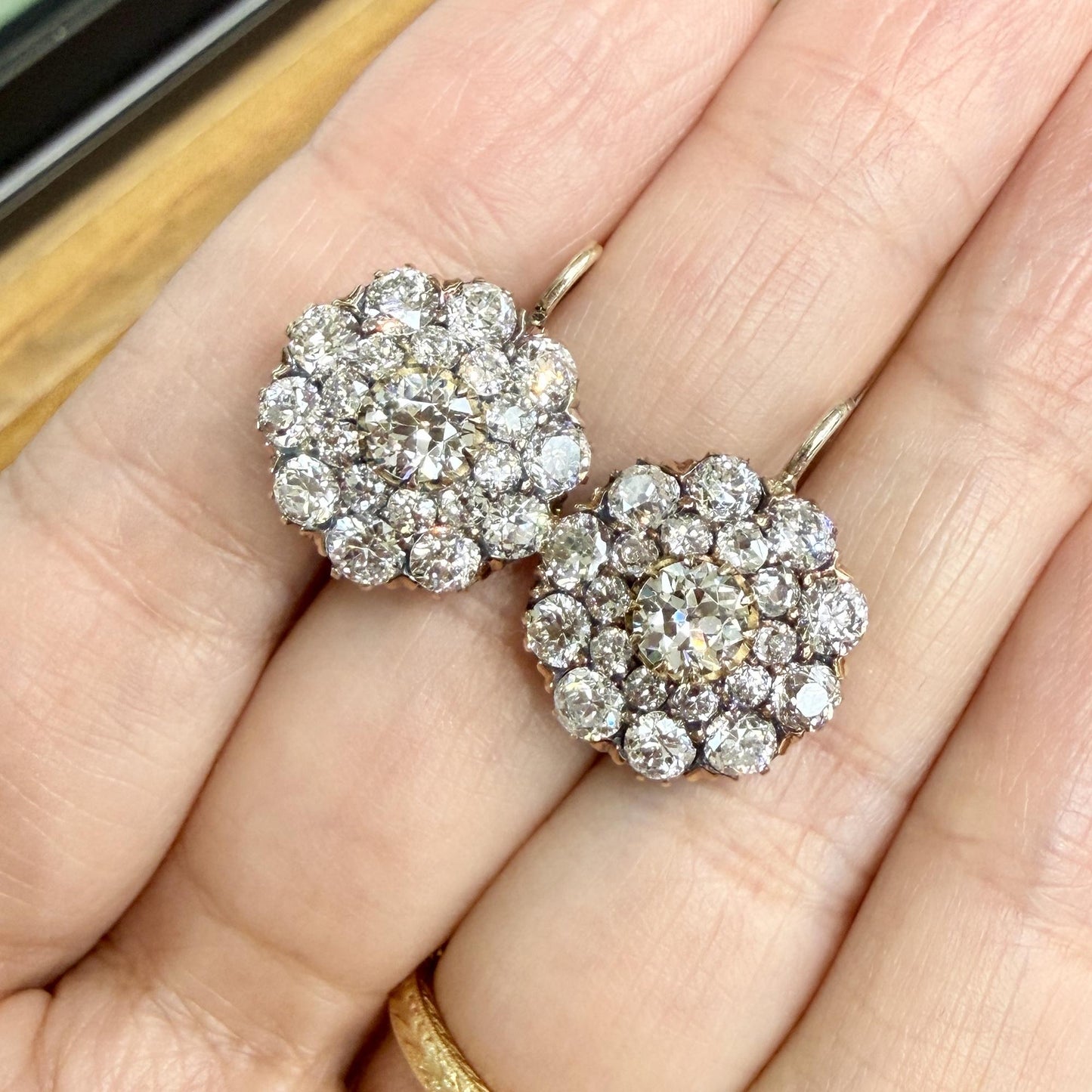 Vintage 5.71ctw Old Cut Diamond Drop Earrings 18k Yellow Gold