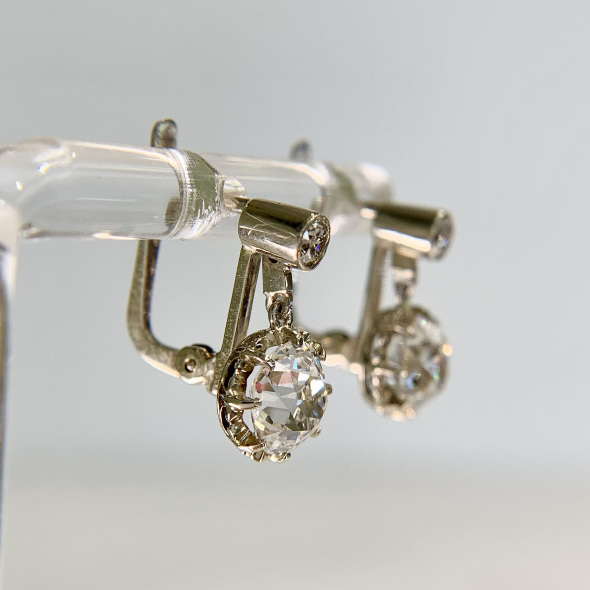 Antique 1920's Old Mine Cut Diamond Dangle Earrings 18k White Gold