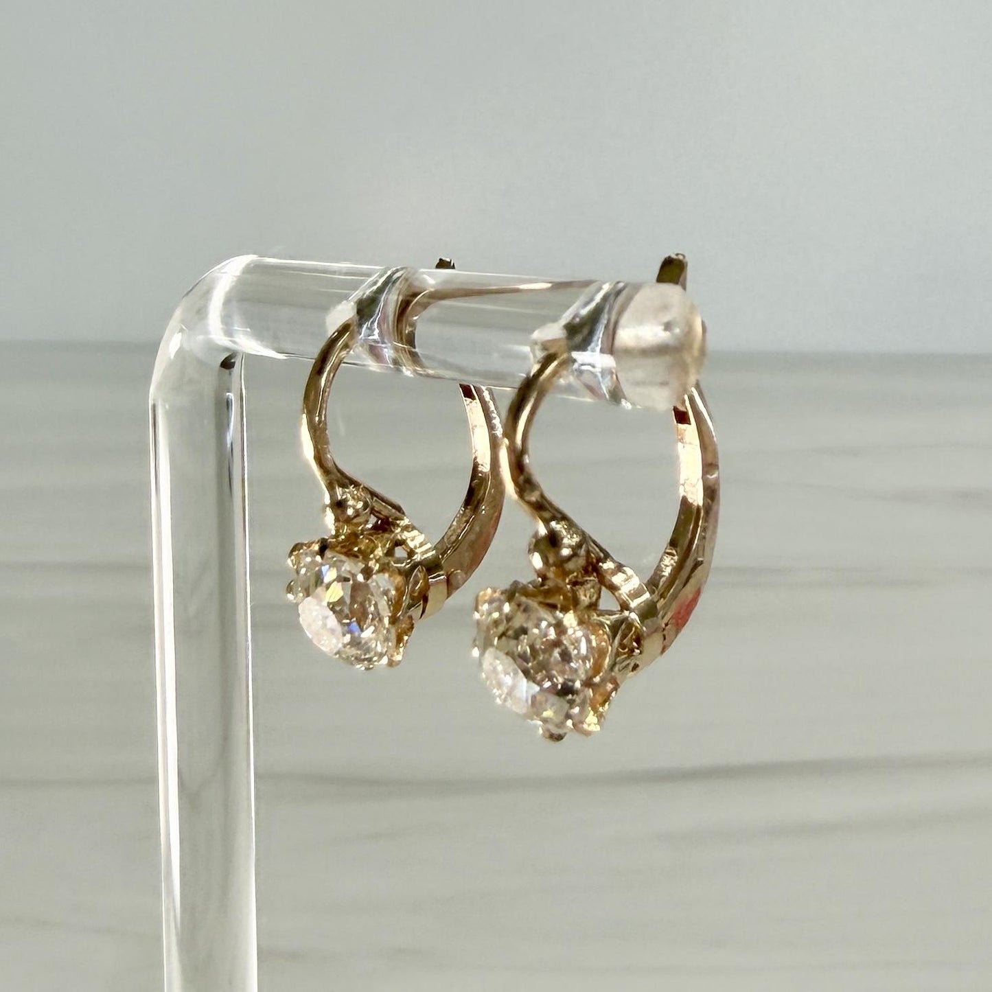 French Antique Old Mine Cut Diamond Drop Earrings 18k Yellow Gold