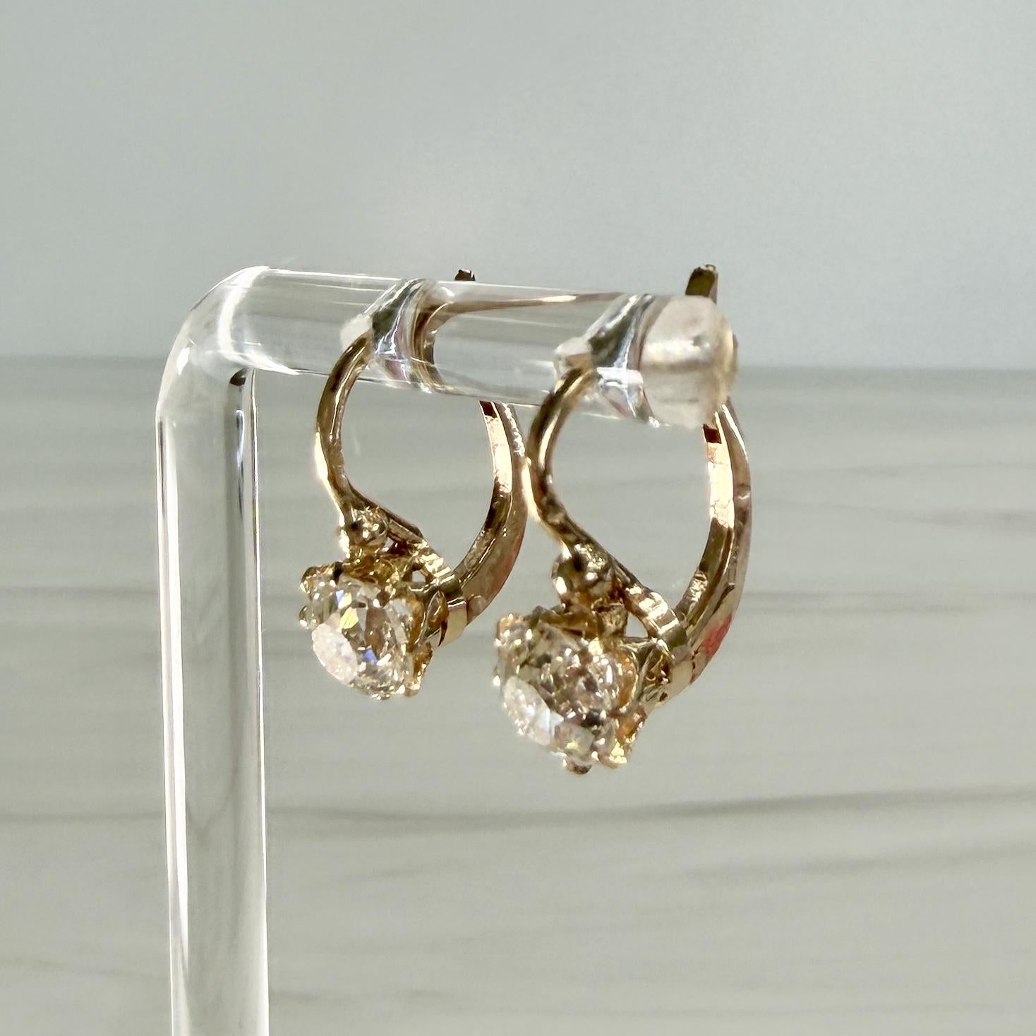 French Antique Old Mine Cut Diamond Drop Earrings 18k Yellow Gold