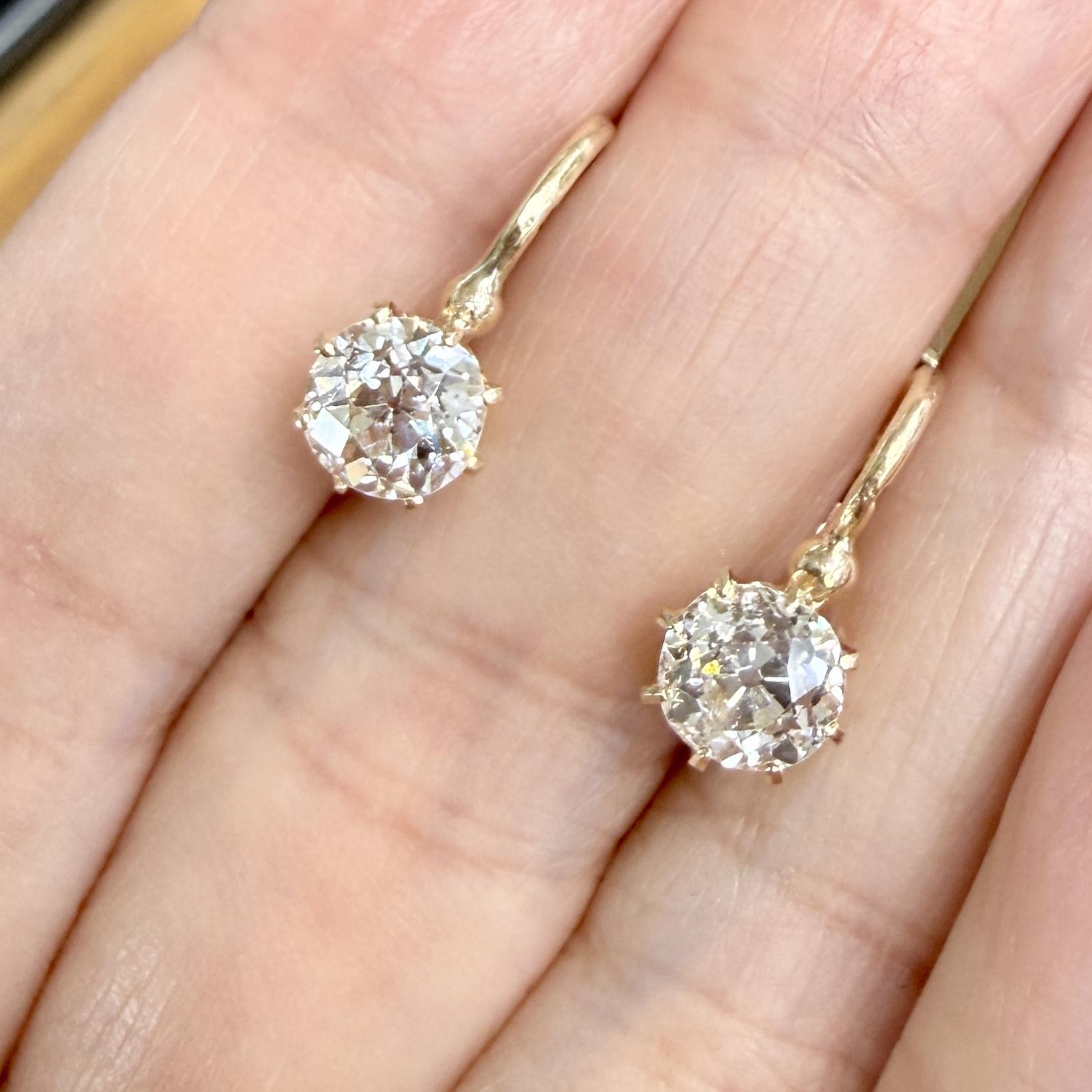 French Antique Old Mine Cut Diamond Drop Earrings 18k Yellow Gold