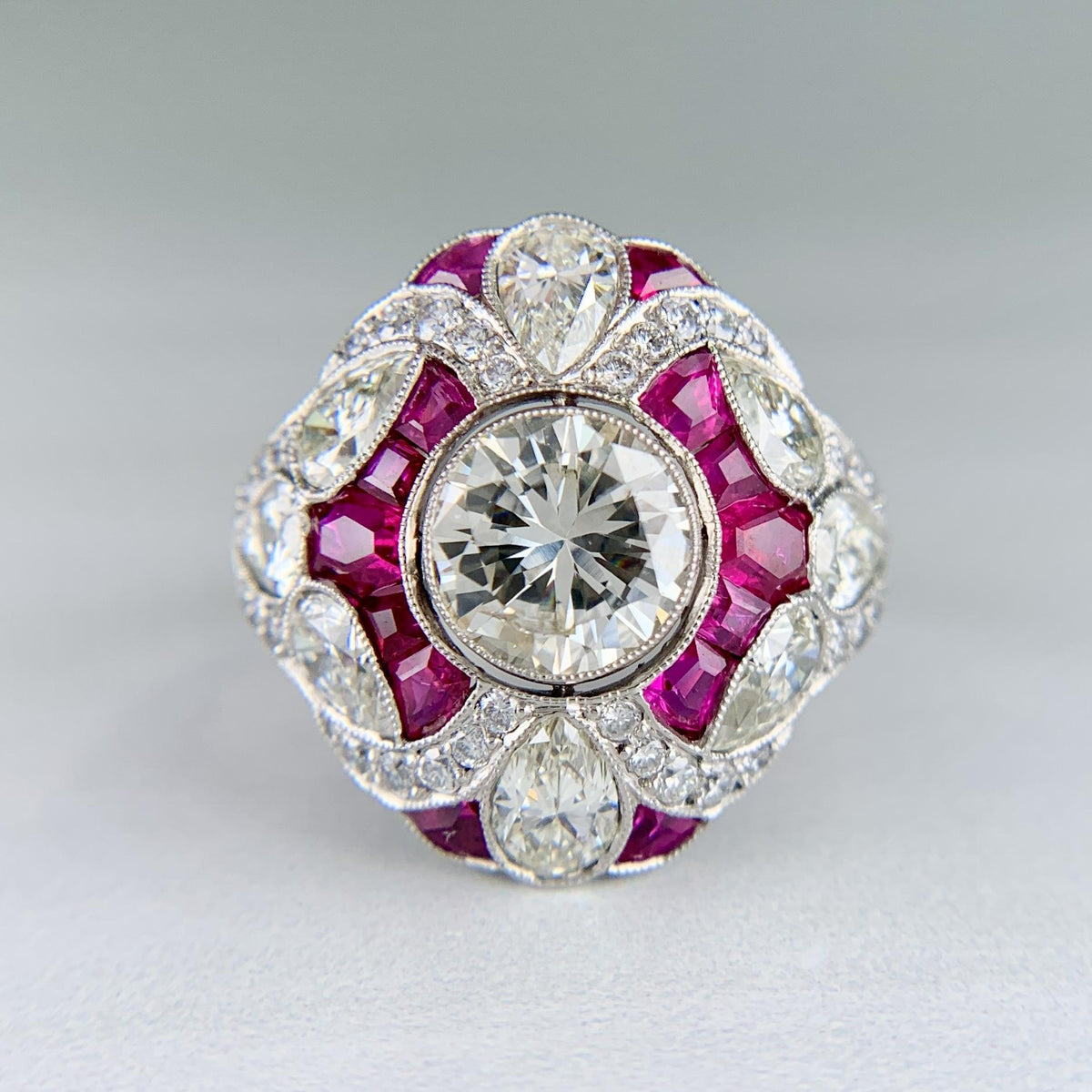 Art Deco Inspired Ruby and Diamond Shield Ring Platinum