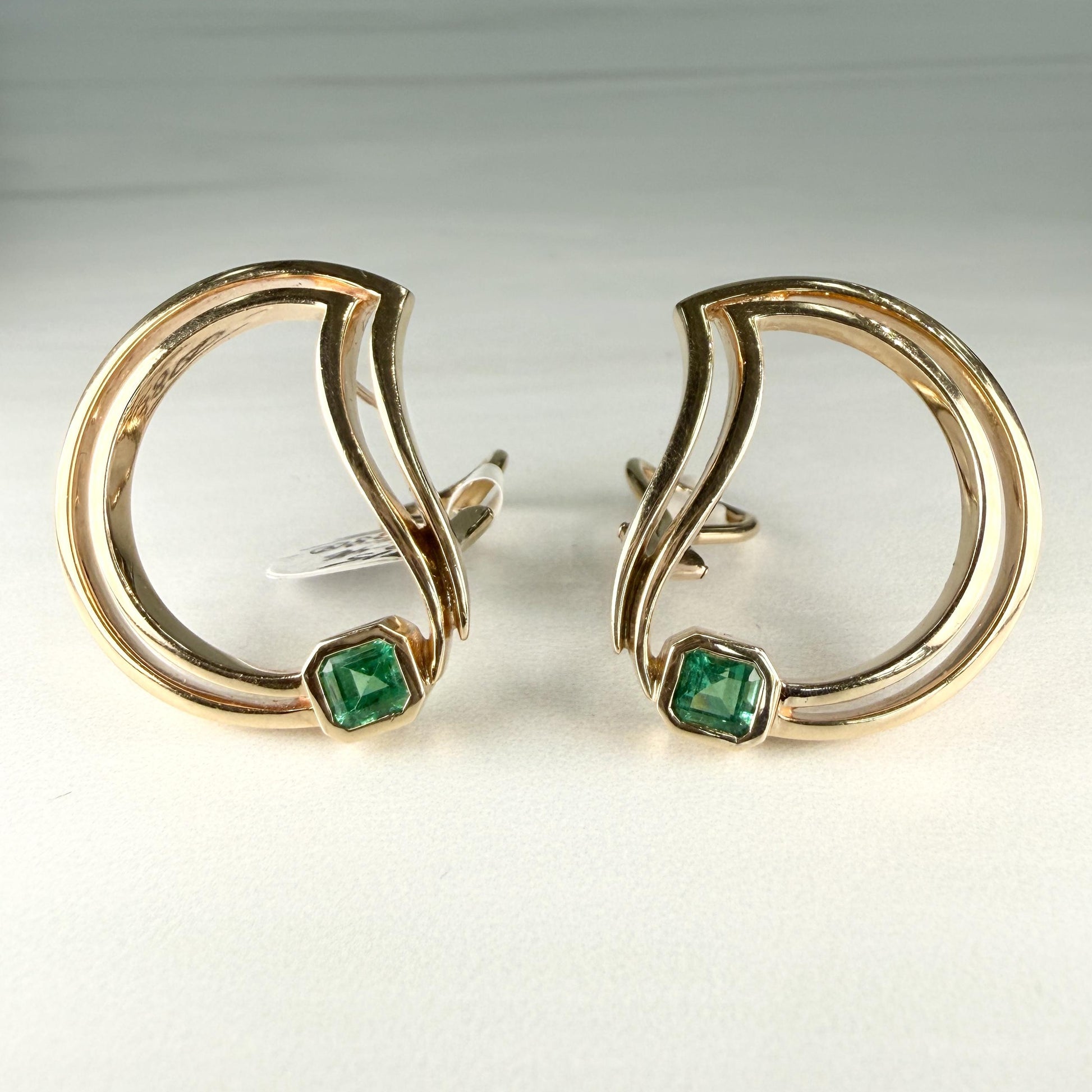 1990's Abstract Emerald "D" Statement Earrings 14k Yellow Gold