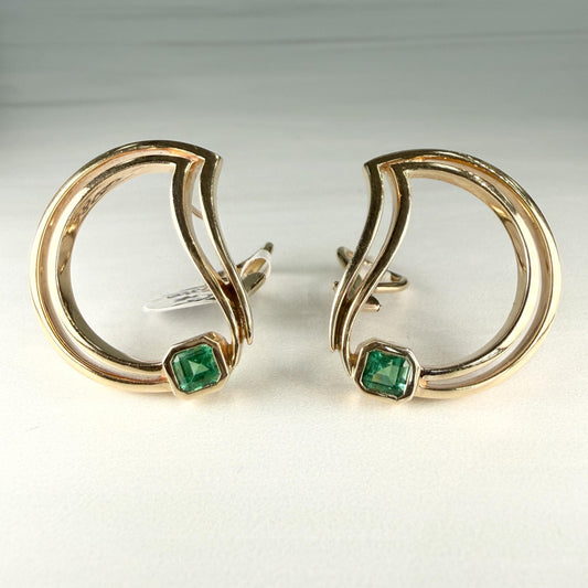 1990's Abstract Emerald "D" Statement Earrings 14k Yellow Gold