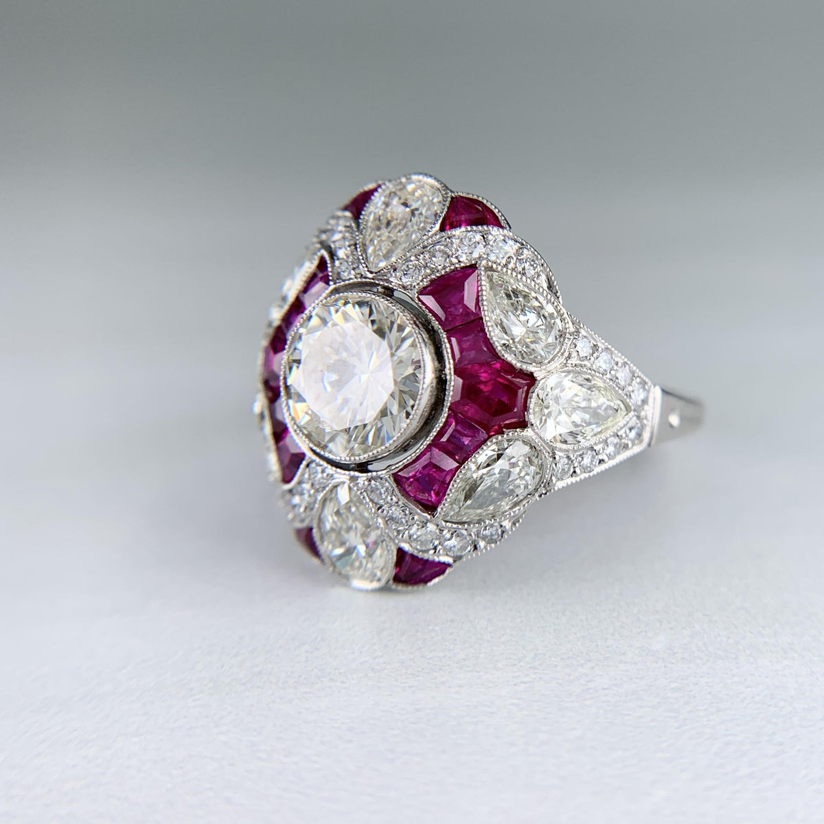 Art Deco Inspired Ruby and Diamond Shield Ring Platinum