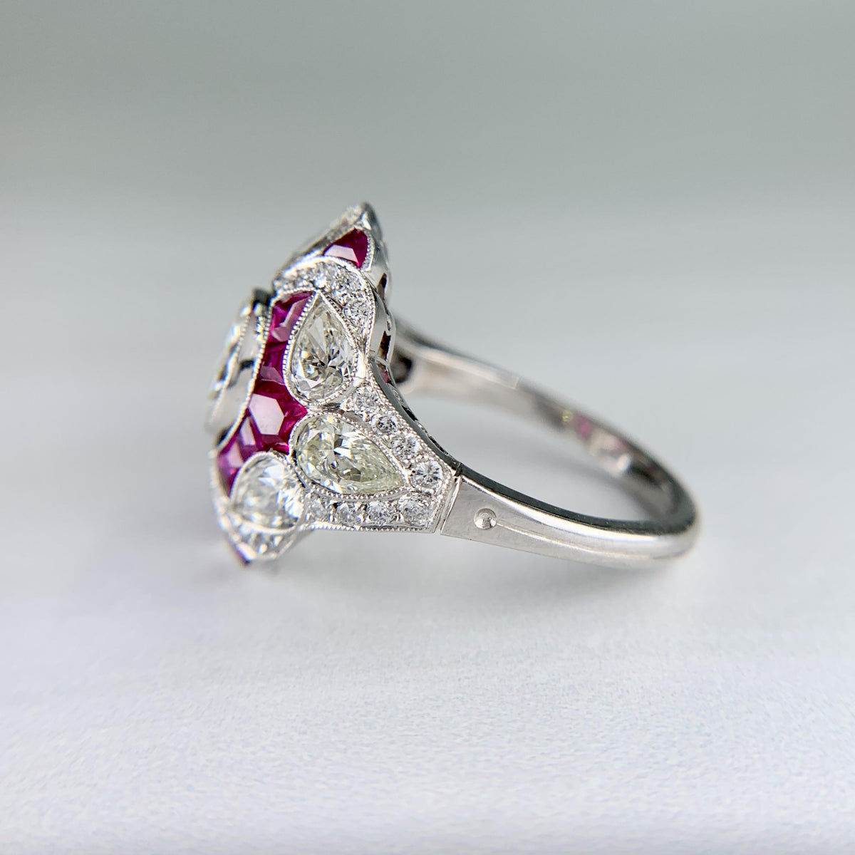 Art Deco Inspired Ruby and Diamond Shield Ring Platinum