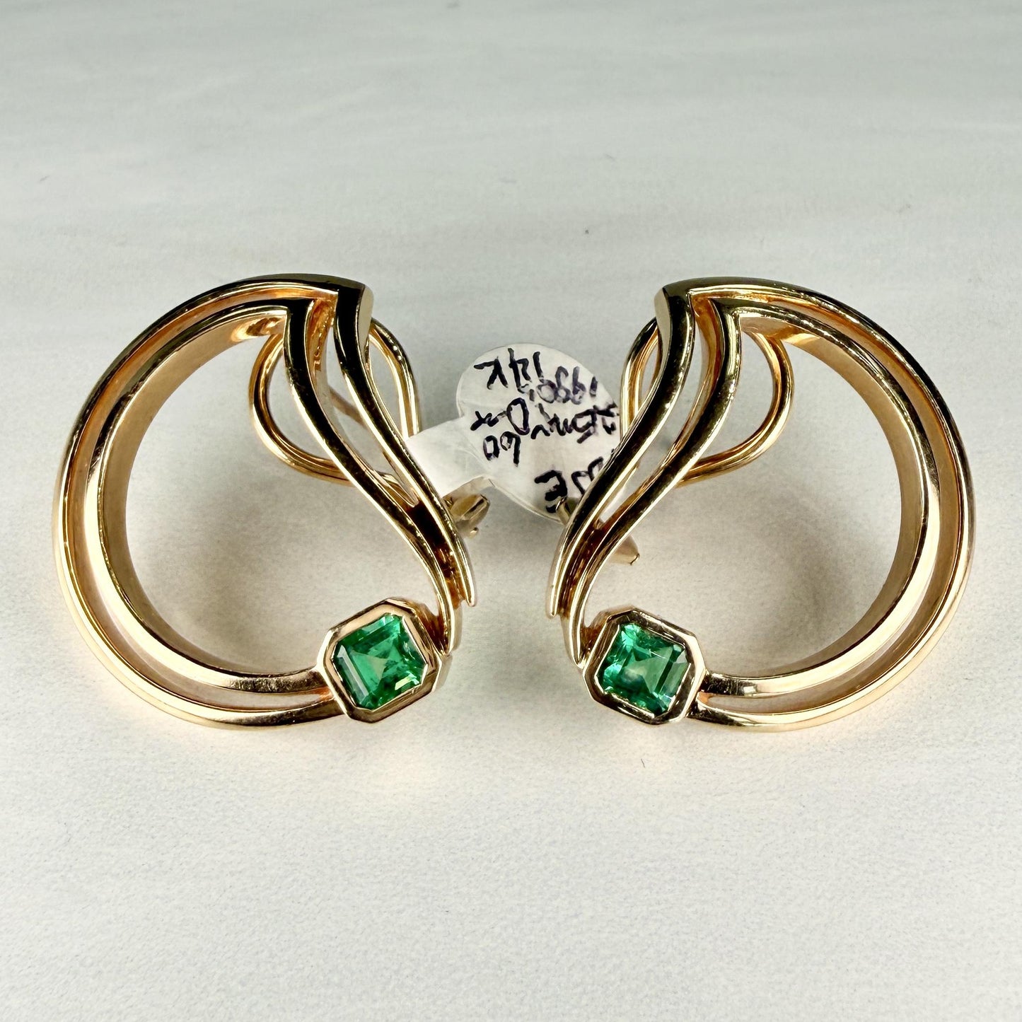 1990's Abstract Emerald "D" Statement Earrings 14k Yellow Gold