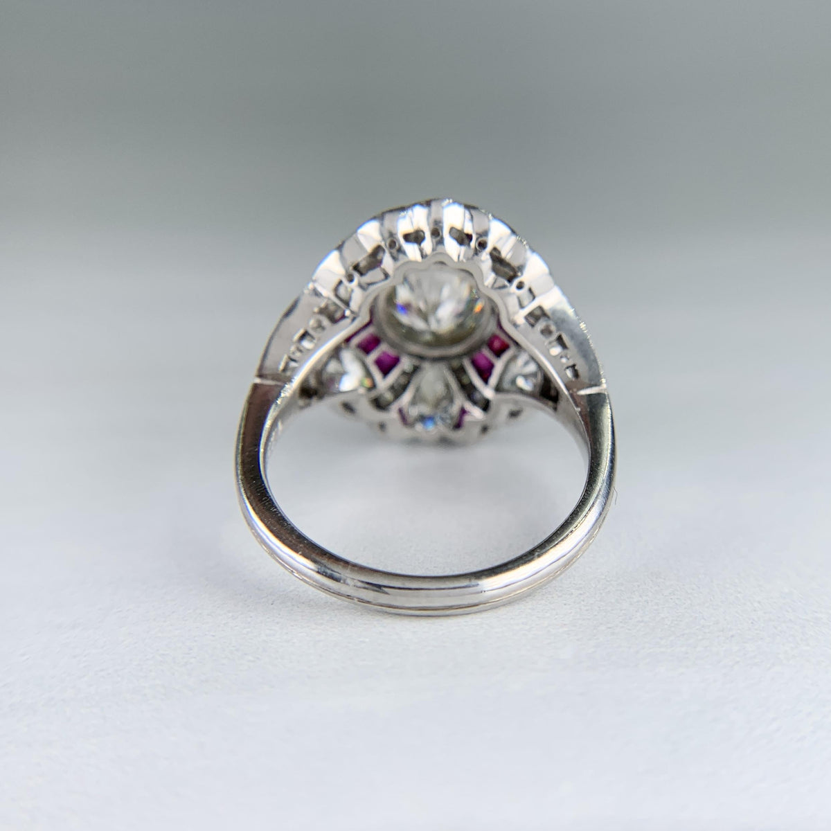 Art Deco Inspired Ruby and Diamond Shield Ring Platinum
