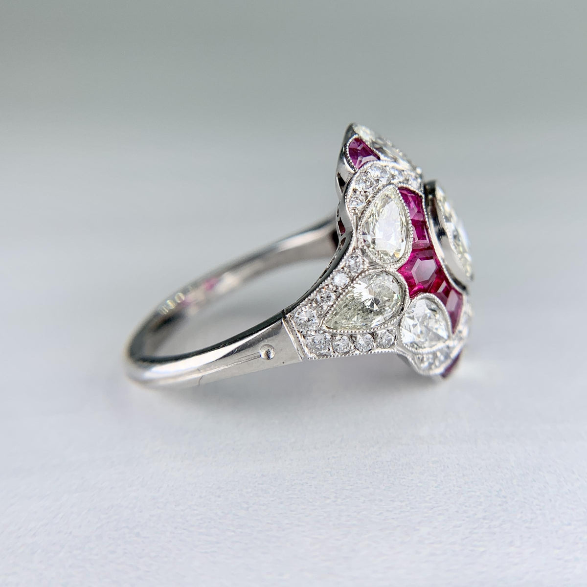 Art Deco Inspired Ruby and Diamond Shield Ring Platinum