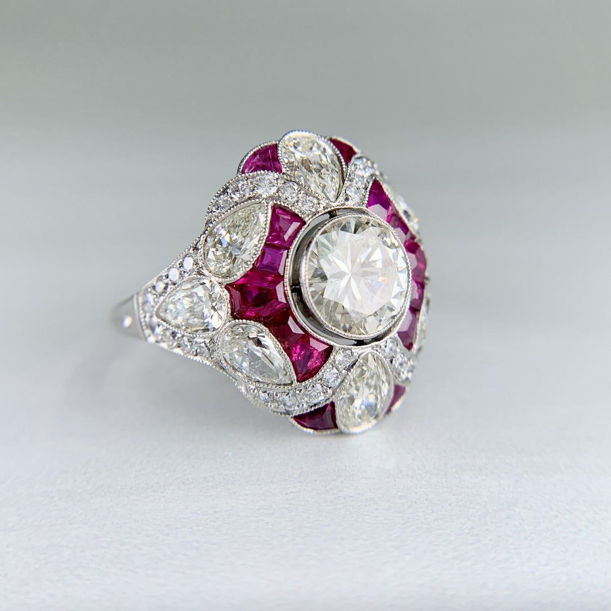 Art Deco Inspired Ruby and Diamond Shield Ring Platinum