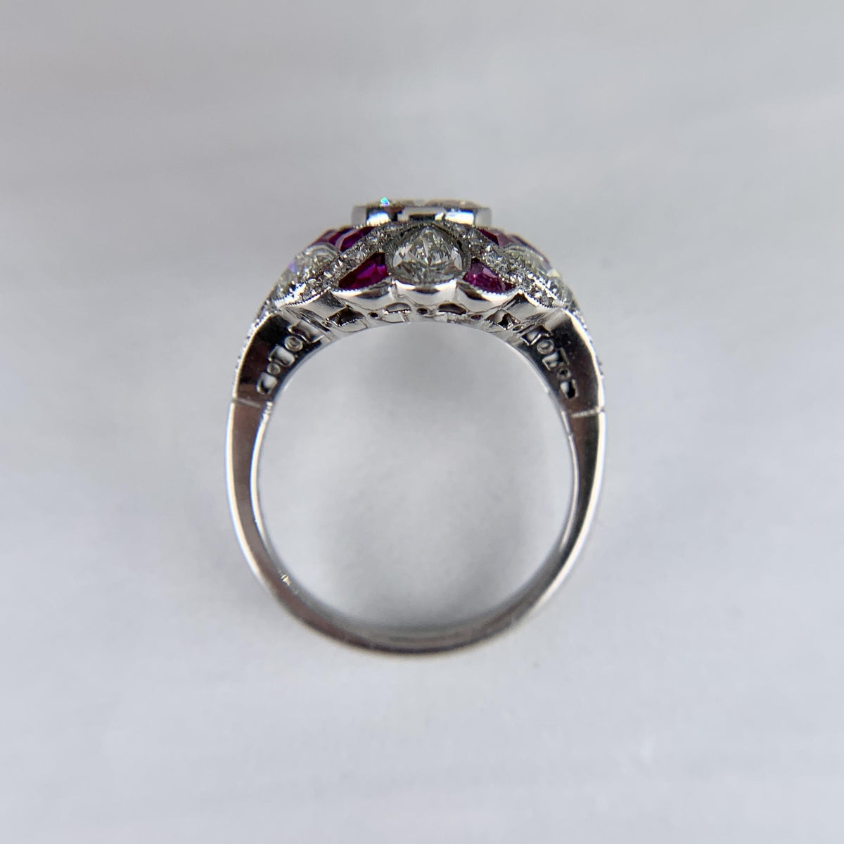 Art Deco Inspired Ruby and Diamond Shield Ring Platinum