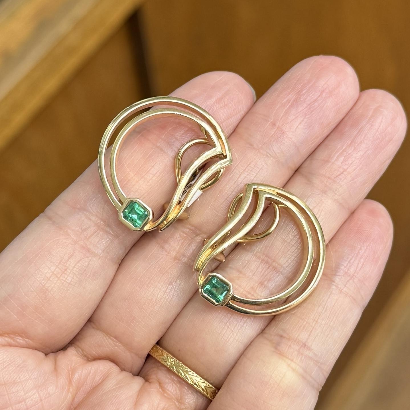 1990's Abstract Emerald "D" Statement Earrings 14k Yellow Gold