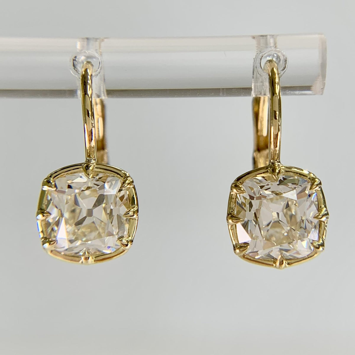 Collet Set GIA Old Mine Cut Cushion Diamond Drop Earrings 18k Yellow Gold