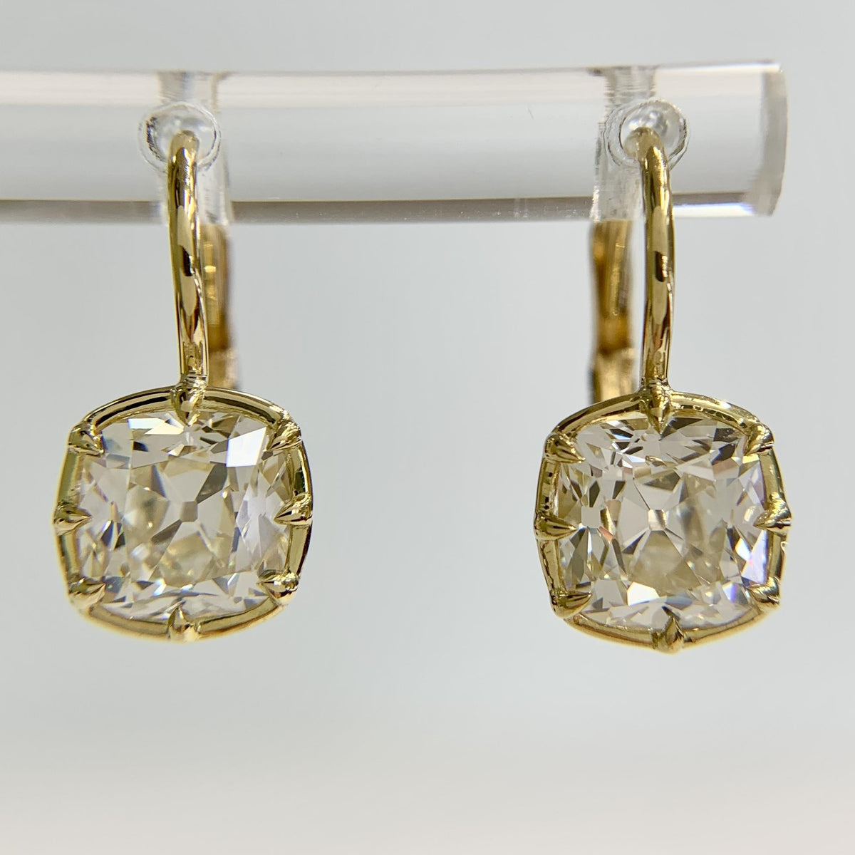 Collet Set GIA Old Mine Cut Cushion Diamond Drop Earrings 18k Yellow Gold