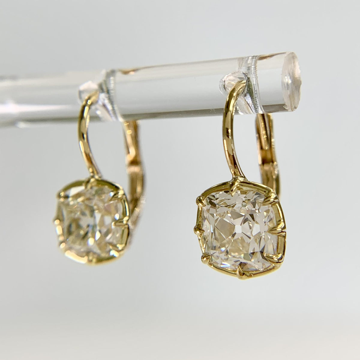 Collet Set GIA Old Mine Cut Cushion Diamond Drop Earrings 18k Yellow Gold