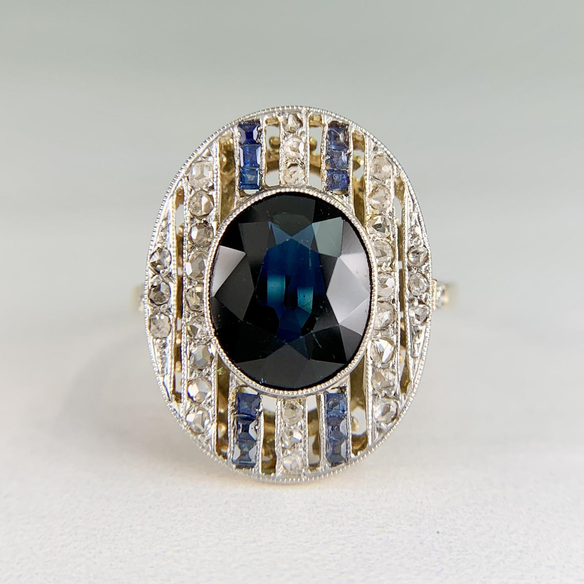 1930's Art Deco Sapphire and Rose Cut Diamond Ring 17k/Platinum