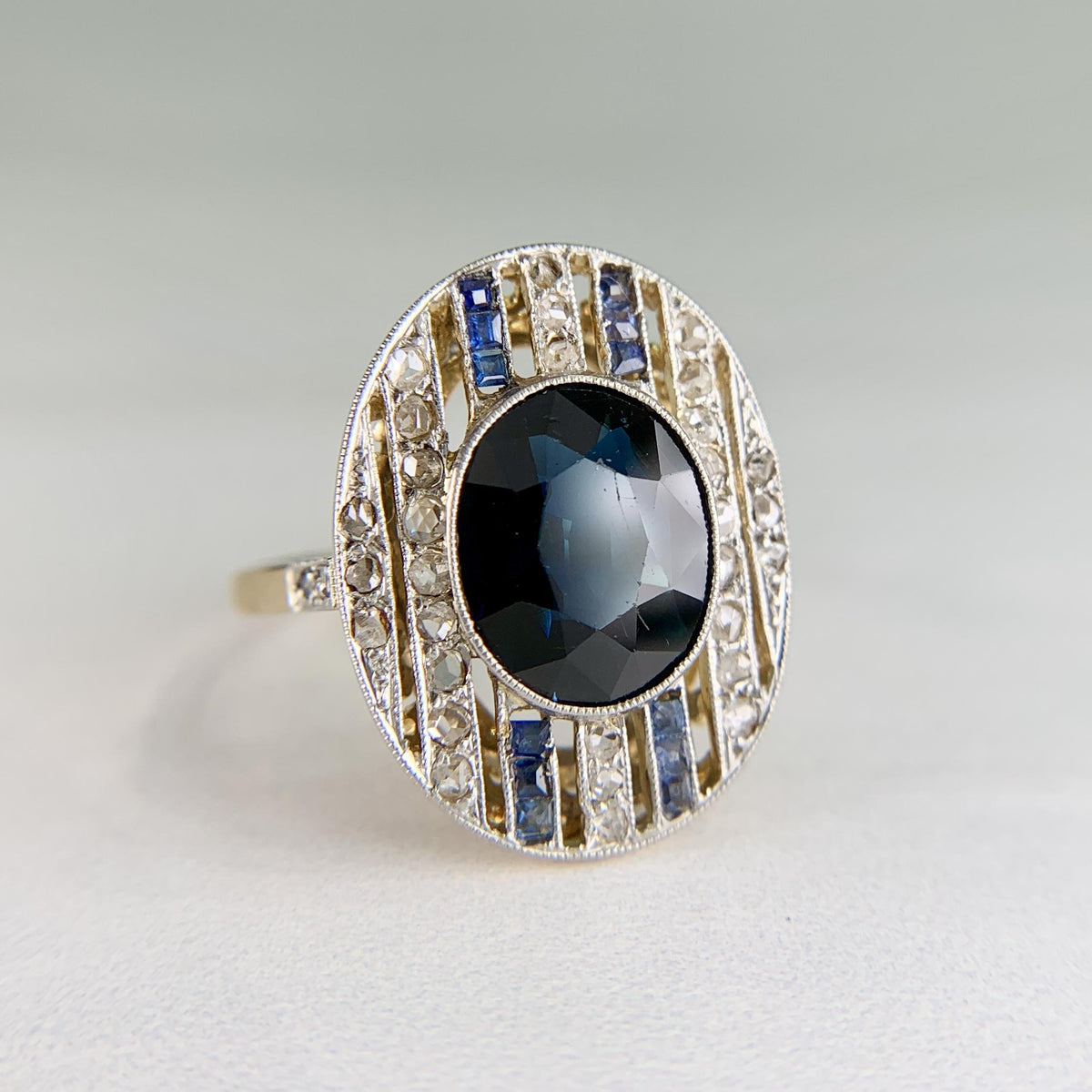 1930's Art Deco Sapphire and Rose Cut Diamond Ring 17k/Platinum