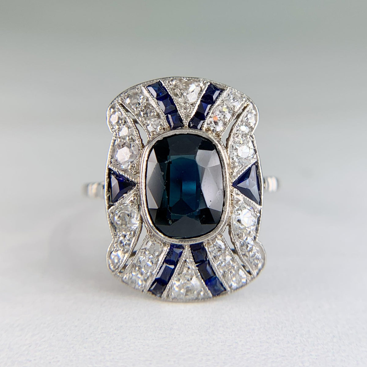 1930's Art Deco Sapphire and Old Cut Diamond Shield Ring Platinum