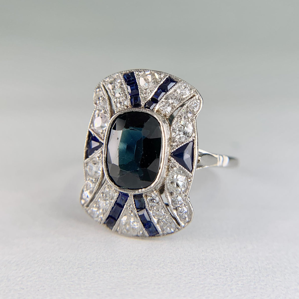 1930's Art Deco Sapphire and Old Cut Diamond Shield Ring Platinum