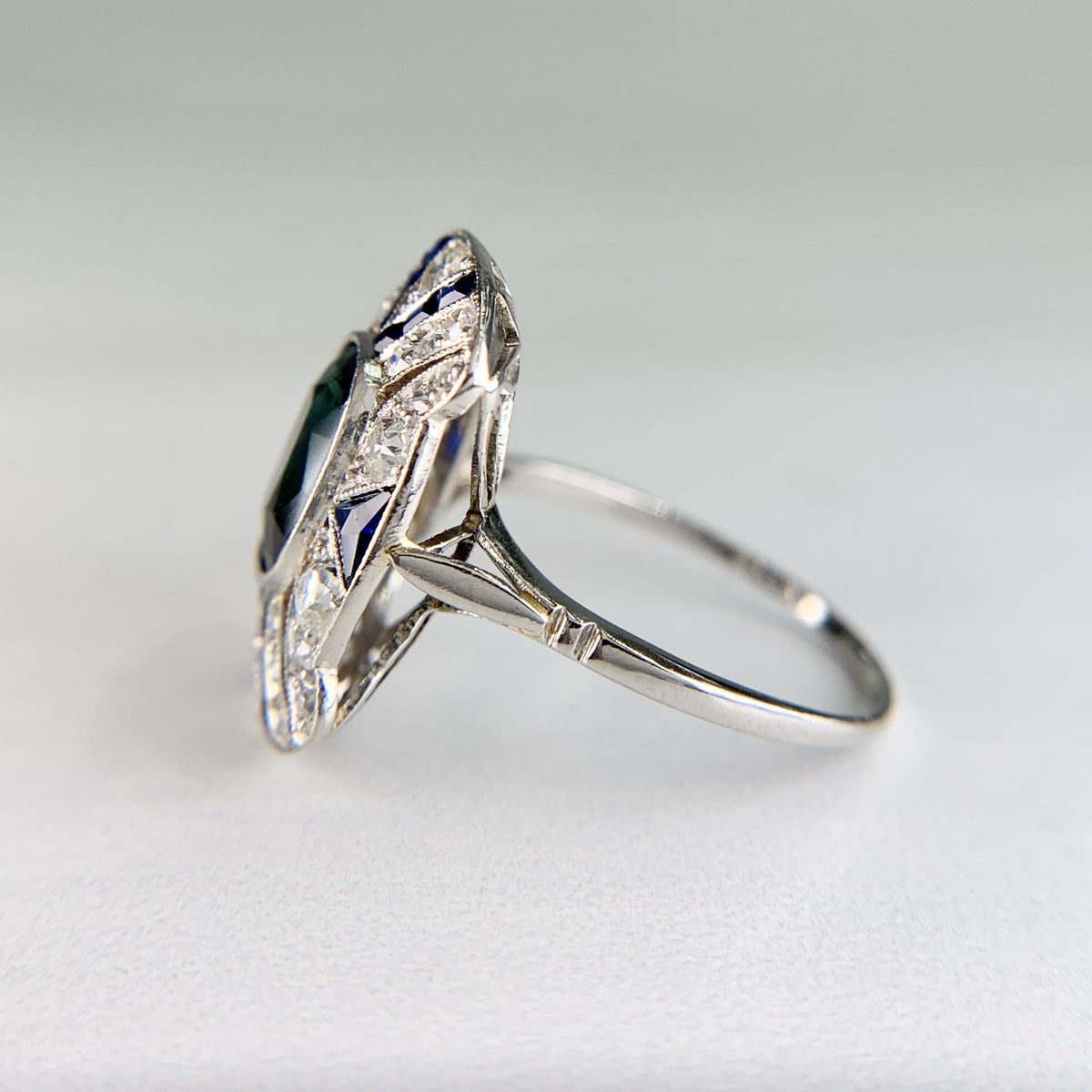 1930's Art Deco Sapphire and Old Cut Diamond Shield Ring Platinum