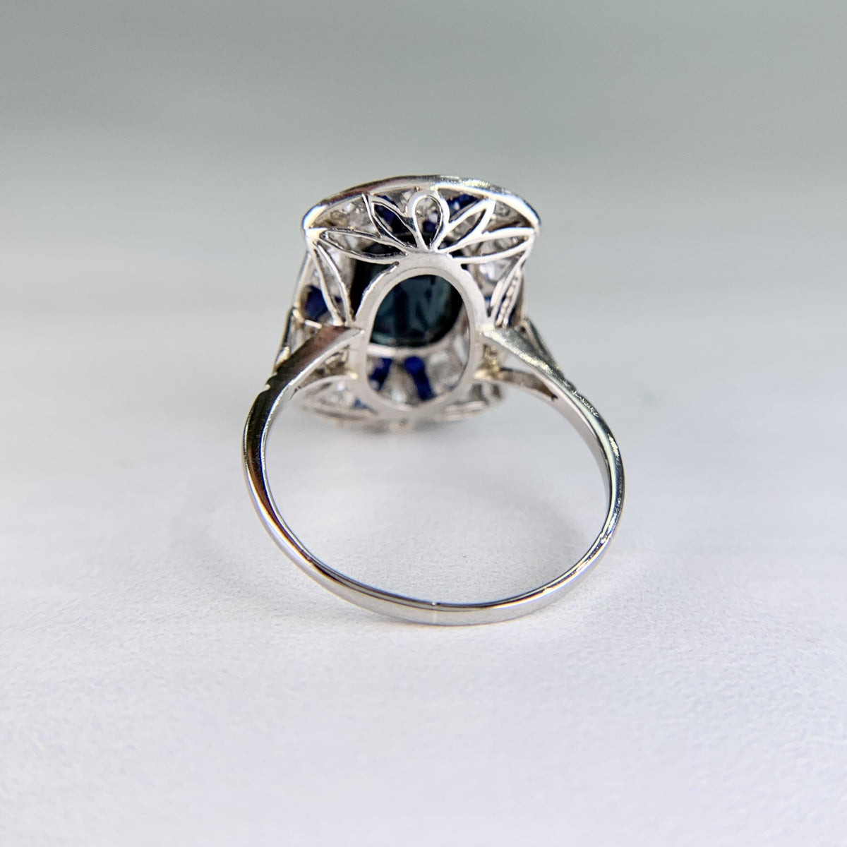 1930's Art Deco Sapphire and Old Cut Diamond Shield Ring Platinum